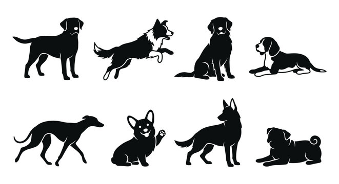 Collection of canine silhouettes depicting various dog breeds against a white background dogs breed silhouette black