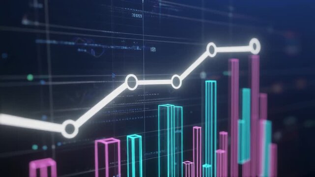 Investment performance chart highlighting bullish market trends through illuminated holographic bars and rising paths signifies financial prosperity and professional economic growth projections.