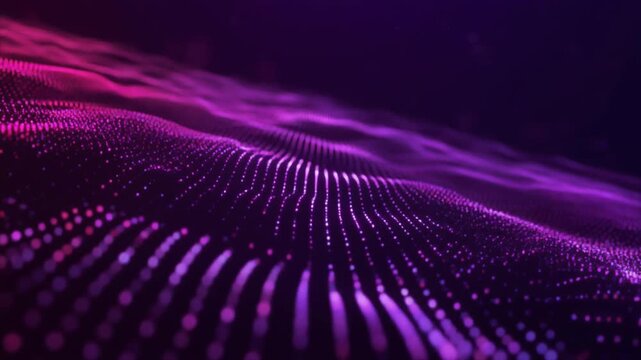 Data wave consisting of purple glowing particles forms an intricate digital landscape that represents advanced network connectivity, technology innovation, and complex system information processing.