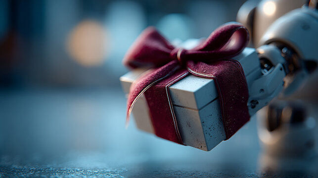 Robot hand holding a white gift box with a large red ribbon bow as a conceptual digital present