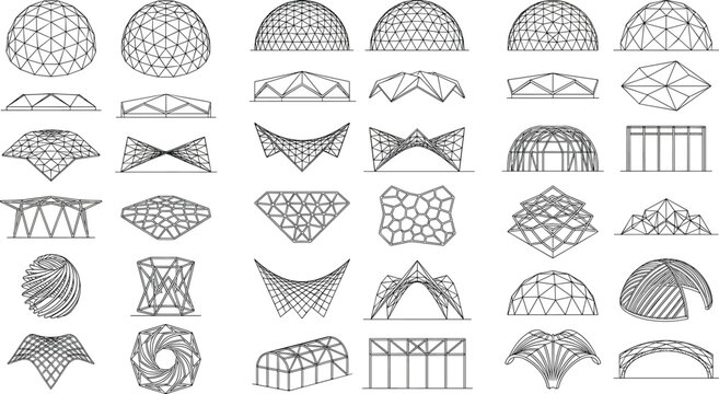 Geometric Space Frame Structures CAD Outline Collection with Architectural Dome and Roof Vector Designs