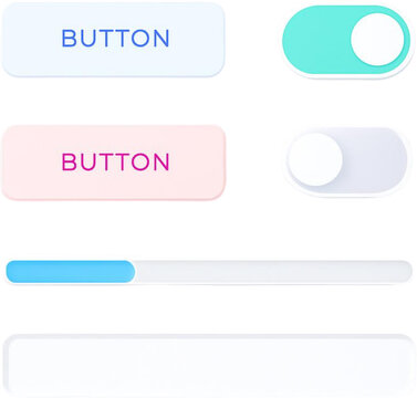 Minimalist mobile app UI kit with floating buttons toggle switch and progress bar