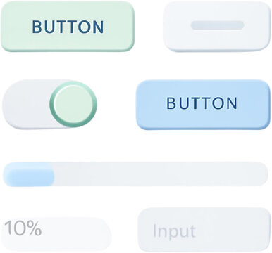 Minimalist mobile app UI kit with floating buttons toggle switch and progress bar