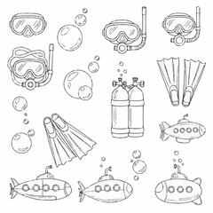 Black and white line art of scuba diving equipment and submarines. © Untung