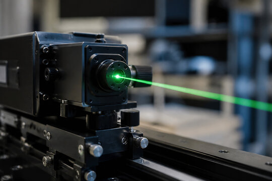 A laser pointer emitting a green beam from an industrial machine component in a workshop setting.