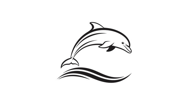 Elegant dolphin leaping over wave minimalist black vector icon.