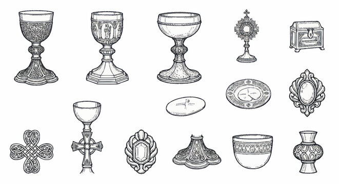 Collection of ornate religious and ceremonial artifacts.