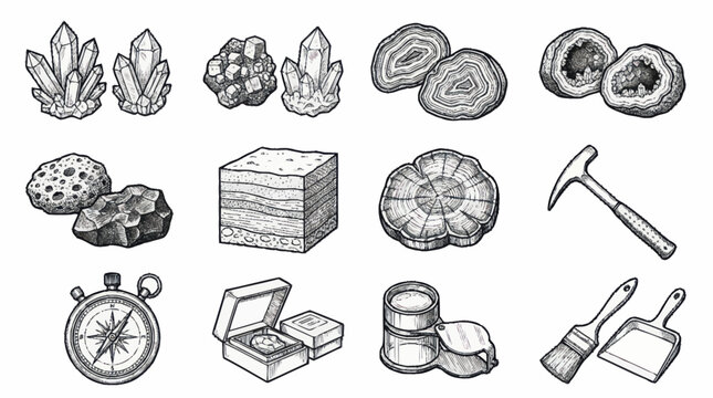 Collection of mining and geology tools and minerals.