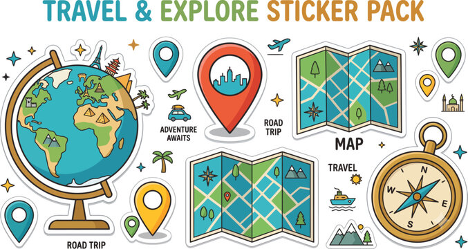 Travel stickers and map icons set.