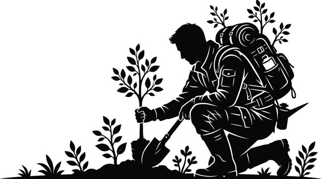 Hiker planting tree sapling outdoors using a shovel to restore natural forest ecosystems in this black and white vector silhouette graphic design illustration isolated white