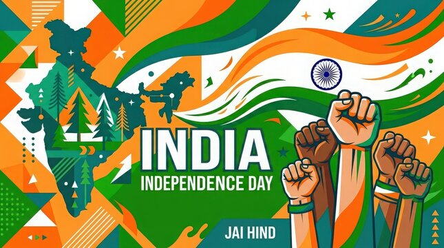 India independence day vector illustration with map waving flag raised fists and patriotic text overlay