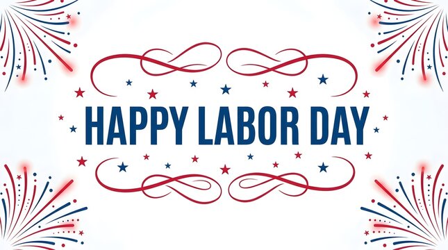 Happy labor day text with fireworks isolated on white background