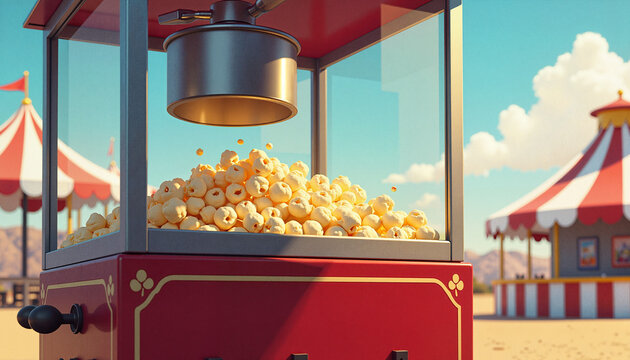 vintage popcorn machine dispensing freshly popped popcorn in a fairground setting with colorful tents, ideal for carnival themes and snack marketing