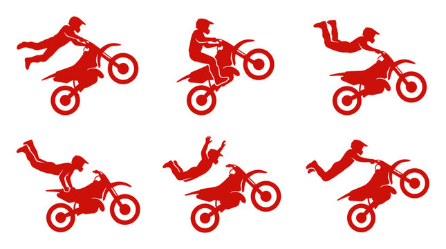 Red silhouette set of freestyle motocross riders performing extreme stunts and mid-air tricks on dirt bikes, representing professional stunt competition and illustrating high adrenaline sports action