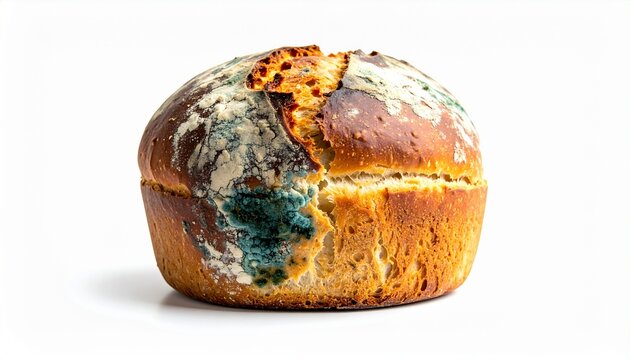 Close-up of moldy loaf of bread with blue green mold on fresh bread, spoiled food, food deterioration, bakery product, stale bread, mold growth, unhealthy food, expired bread