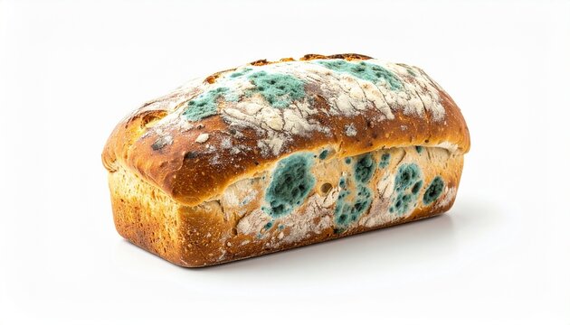 Moldy loaf of freshly baked bread with blue green mold spots on crust