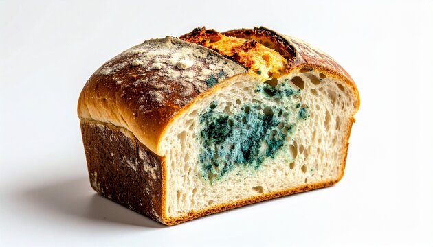 Moldy loaf of bread with blue green mold, close-up view of spoiled bakery product on white background