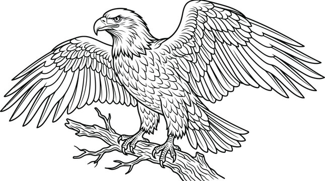 Majestic eagle with outstretched wings perched on a tree branch in a powerful stance, showcasing its sharp talons and detailed feathers in a striking illustration.