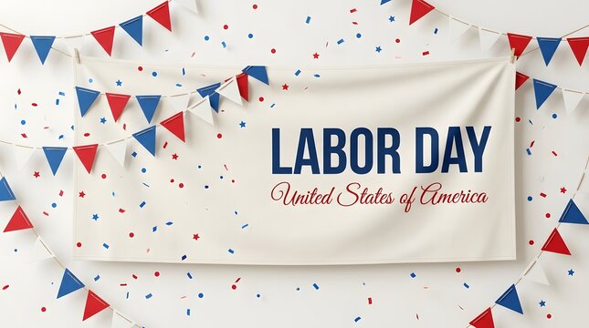 Labor day celebration banner with bunting flags and confetti