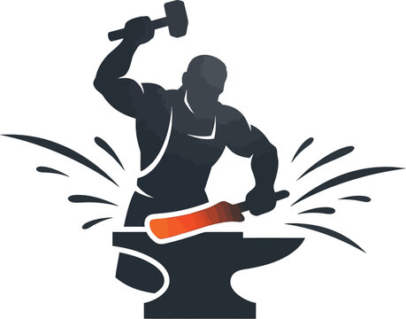 Blacksmith logo silhouette showing a muscular man hammering a glowing piece of hot metal on an anvil