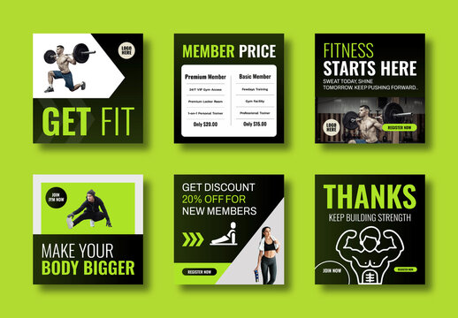 Fitness Social Media Post Template Set With Gym Membership Offer And Workout Promotion Layout