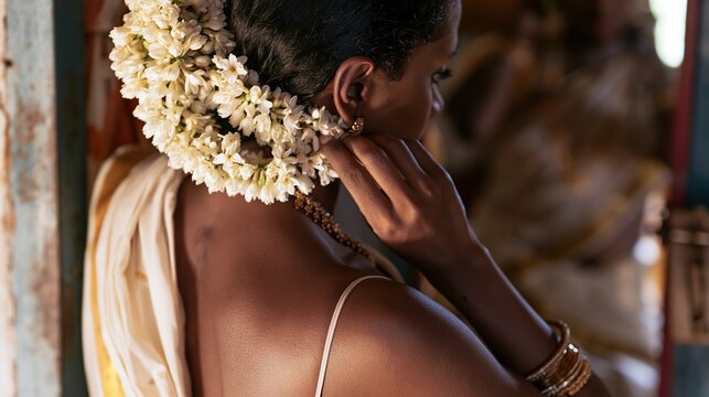 Indian woman in a Kerala kasavu saree pinning a jasmine gajra to her hair, soft morning light in a traditional home for wedding and festive greeting concepts
