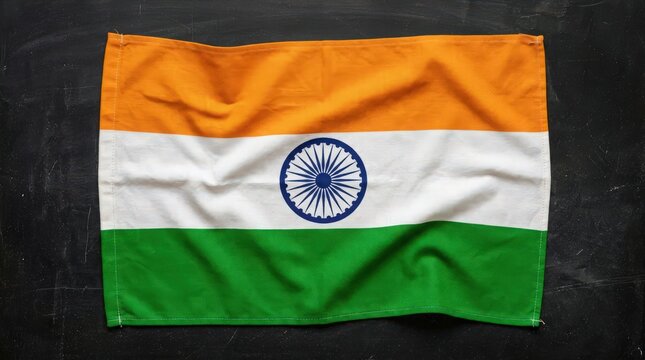 Overhead view of the national flag of india saffron white and green tricolor on dark surface