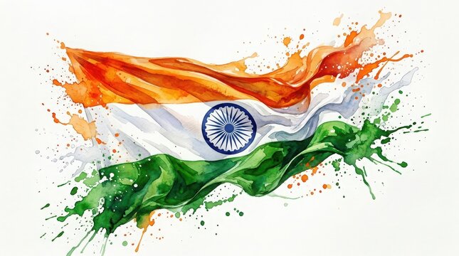 Vibrant watercolor indian flag with dynamic paint splatters