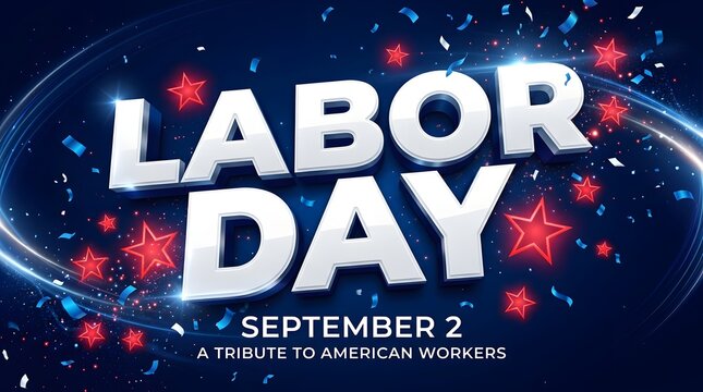 Labor day celebration banner with 3d text and glowing red stars