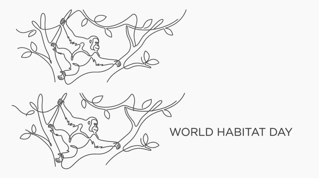 Continuous line drawing of an orangutan hanging on tree branches.