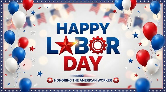 Happy labor day greeting card with balloons and american flag theme