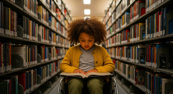 Young girl in a wheelchair reading in a library. Child student sitting between bookshelves in a quiet study space. Inclusion and education concept for literacy and school campaigns.
