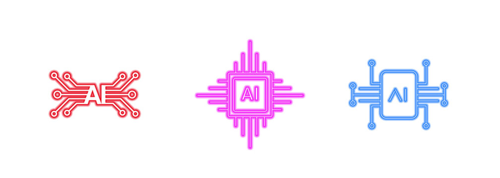 Artificial intelligence processor chip icon set with colorful gradient circuit design. Modern AI microchip symbols represent machine learning and digital computing. Vector collection for technology 