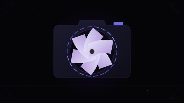 rotating camera lens icon with lavender shutter blades