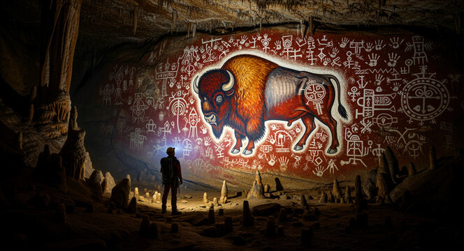 Explorer looking at ancient bison cave painting inside a dark cavern. Man illuminating colorful prehistoric rock art with a headlamp. Archeology concept for historical and cultural storytelling.