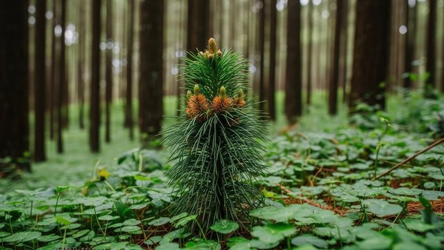 Small young pine tree growing in deep forest floor.