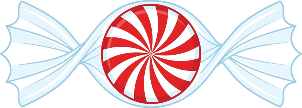 Red and white swirl peppermint candy in light blue wrapper