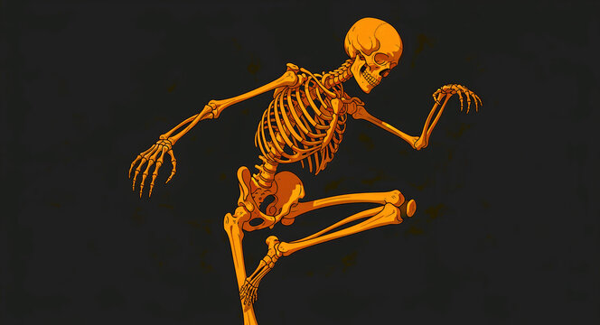 Orange human skeleton running in dynamic pose on dark background. Vibrant stylized illustration of skeletal anatomy and movement. Death and energy concept for Halloween or gothic design.