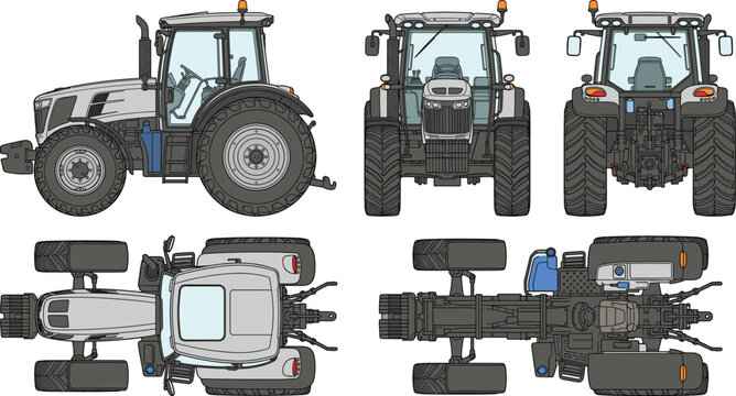 Modern Agricultural Tractor Collection with Side Front Rear Top and Bottom Vehicle Views
