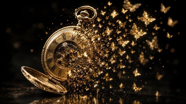 Golden pocket watch exploding with butterflies. Timepiece shattering into luxury freedom. Elegant clockwork liberation.