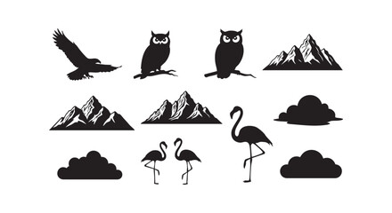 Obraz premium Black animal silhouettes collection with eagle owl and flamingo in nature landscape design isolated on white background.