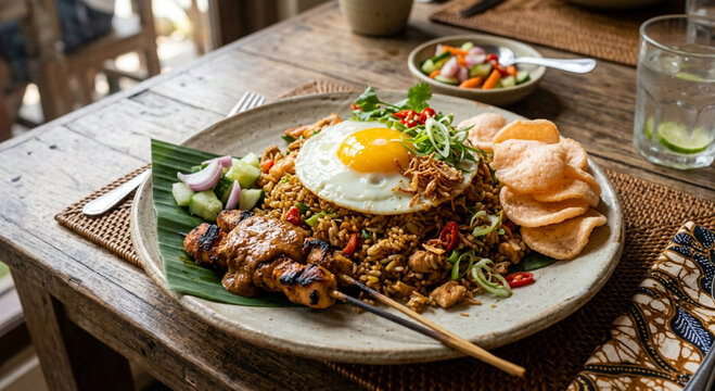 Traditional Indonesian nasi goreng served with sunny-side-up egg, chicken satay with peanut sauce, fresh cucumber, shallot, chili, crispy prawn crackers, and garnished with herbs. Served on a banana l