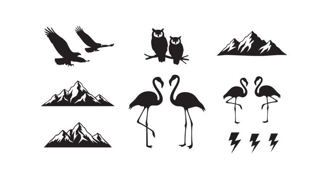 Black silhouette set of eagles owls mountain ranges and graceful flamingos for nature themed creative graphic designs.
