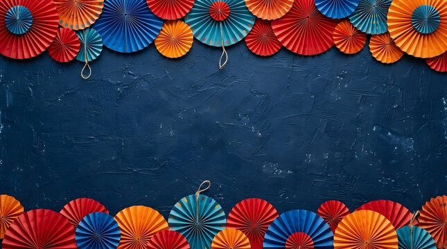 Dark blue textured background with colorful paper fans border
