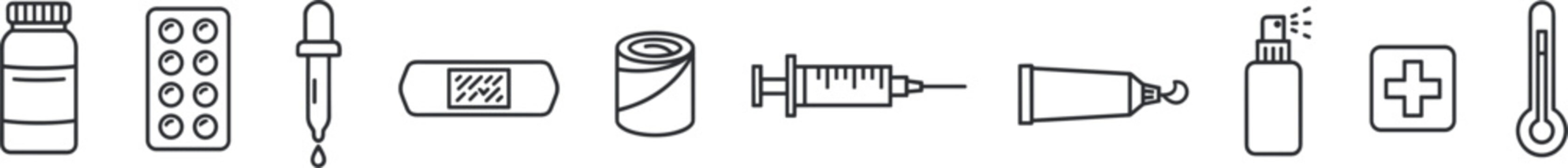 Vector linear pharmacy and first aid kit line icon set featuring pill bottle blister pack bandage dropper syringe ointment thermometer and cross elements