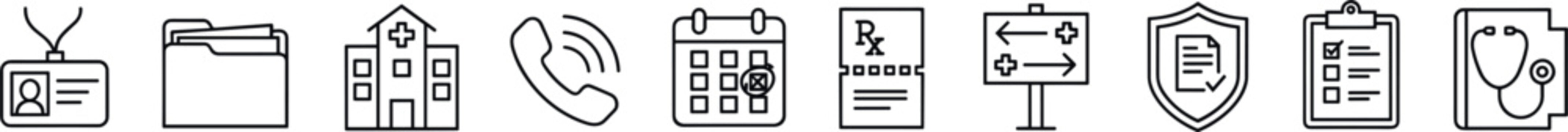 Vector linear medical and hospital management line icon set featuring id card folder clinic building calendar prescription clipboard and stethoscope elements