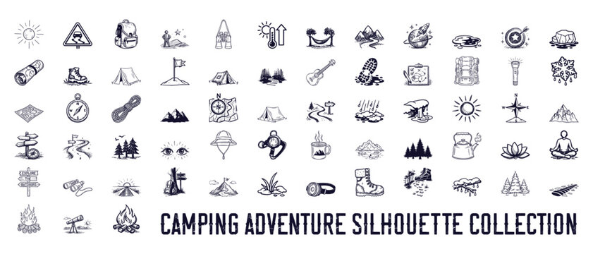 Camping adventure silhouette collection with hiking gear tents mountains campfire backpack compass forest travel nature outdoor exploration vector clipart bundle for creative projects