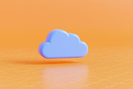 Blue cloud icon hovering over a geometric grid pattern on an amber background for cloud computing and data storage concepts
