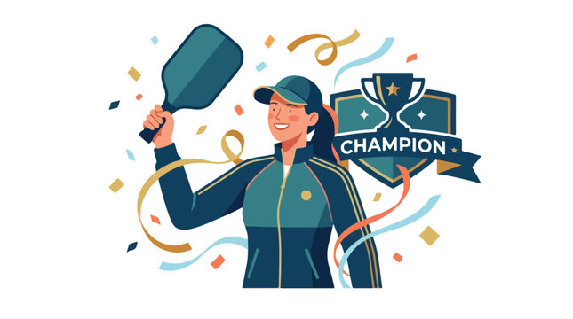 A triumphant pickleball champion celebrating victory with a trophy and paddle.