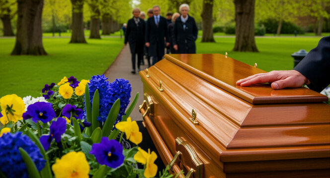 Hand resting on a wooden casket at an outdoor funeral service. Mourners walking in a green cemetery background. Grief and loss concept for funeral marketing or bereavement counseling.